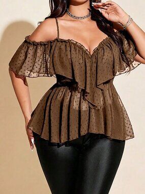 Brown Casual Women's Plus Size Sexy Off-Shoulder Backless Ruffle Trim Blouse